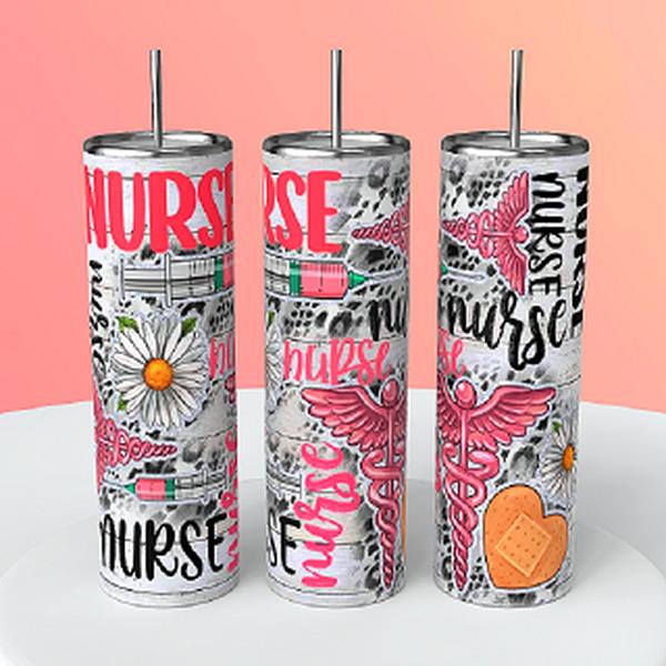 Nurse Pink Daisy leopard print hot pink caduceus 20oz skinny tumbler