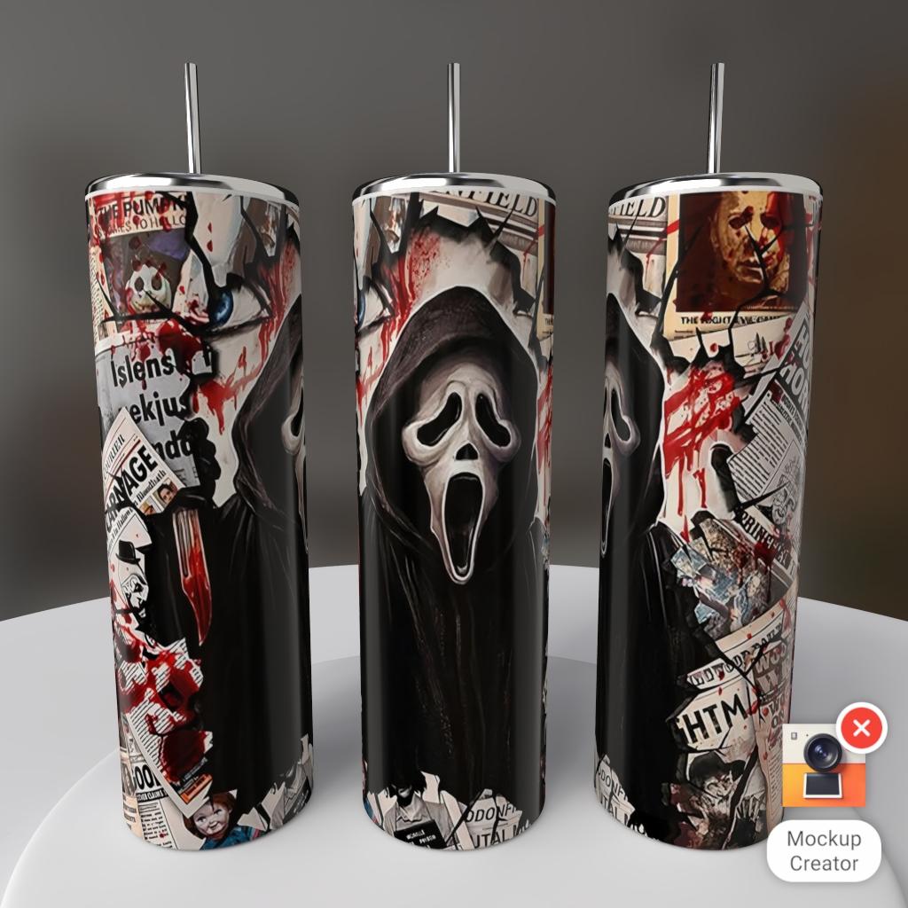 Ghostface Scream blood splattered newspaper collage 20oz skinny tumbler