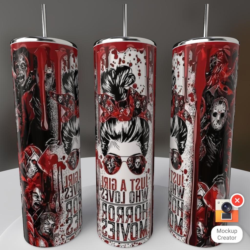 Just a Girl Who Loves Horror Movies messy bun blood drip 20oz skinny tumbler