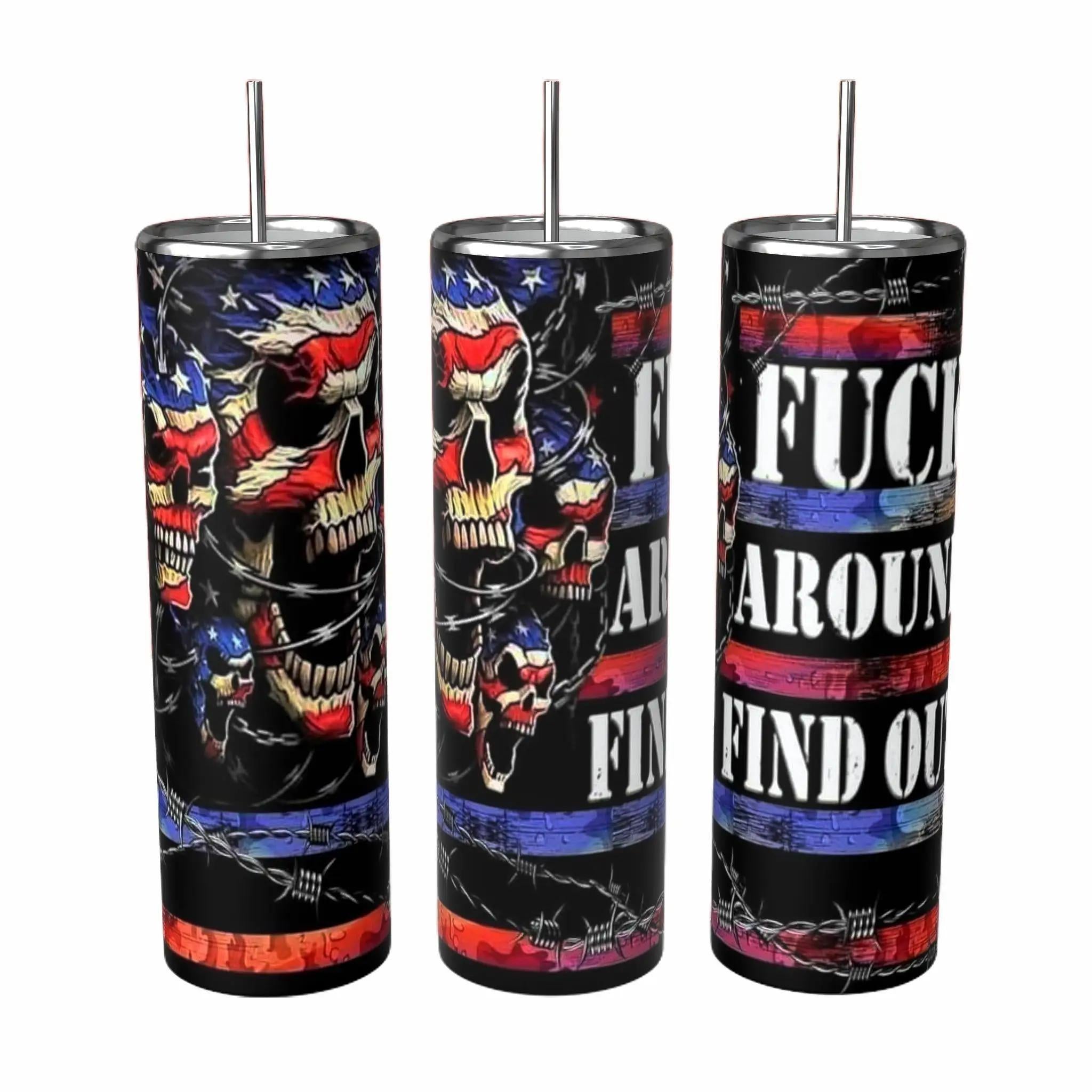 F*ck Around Find Out American Flag Skull Barbed Wire 20oz Tumbler