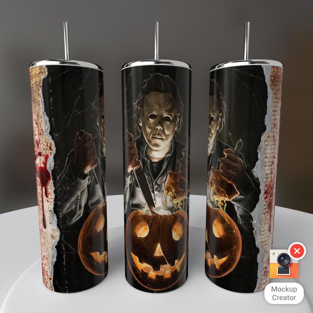 Michael Myers Halloween Pumpkin jack-o-lantern dark torn paper 20oz skinny tumbler