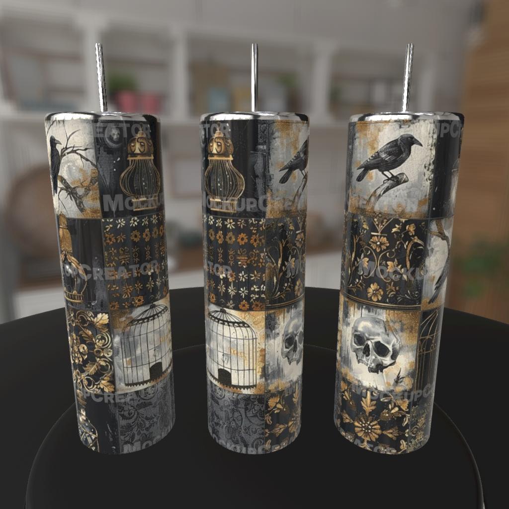 Gothic Raven Birdcage Skull Patchwork 20oz Tumbler