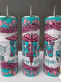 RN Teal Leopard pink caduceus heartbeat stethoscope 20oz skinny tumbler
