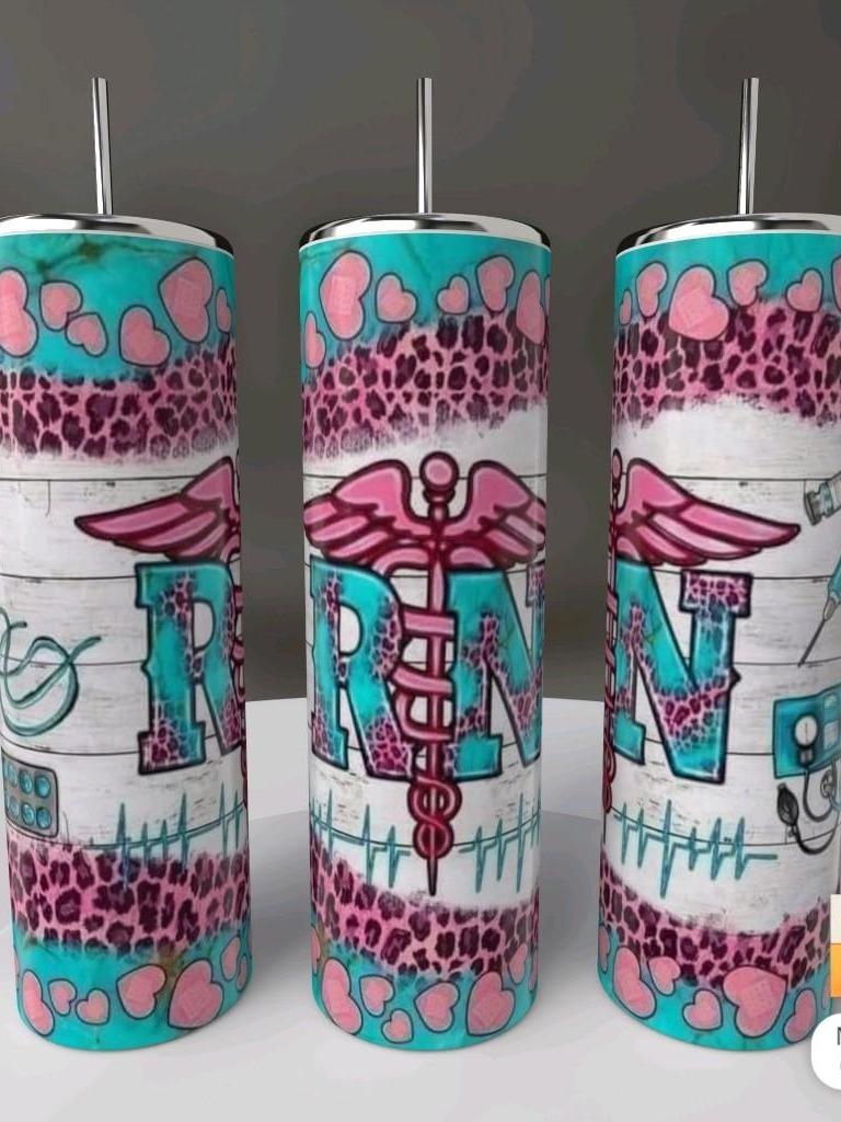 RN Teal Leopard pink caduceus heartbeat stethoscope 20oz skinny tumbler