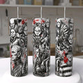 Horror Icons black white red sketch 20oz skinny tumbler featuring Chucky Jason Michael Myers Pinhead Freddy