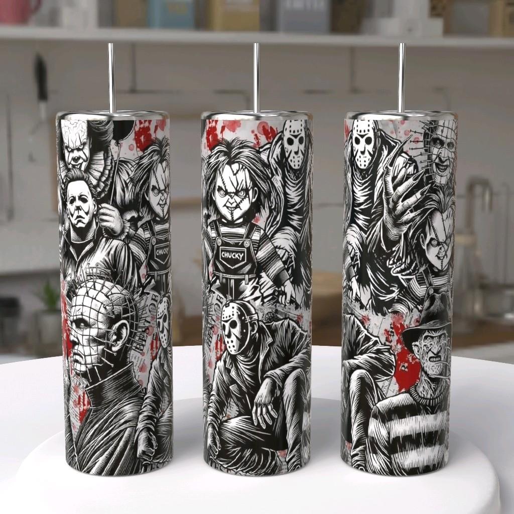 Horror Icons black white red sketch 20oz skinny tumbler featuring Chucky Jason Michael Myers Pinhead Freddy