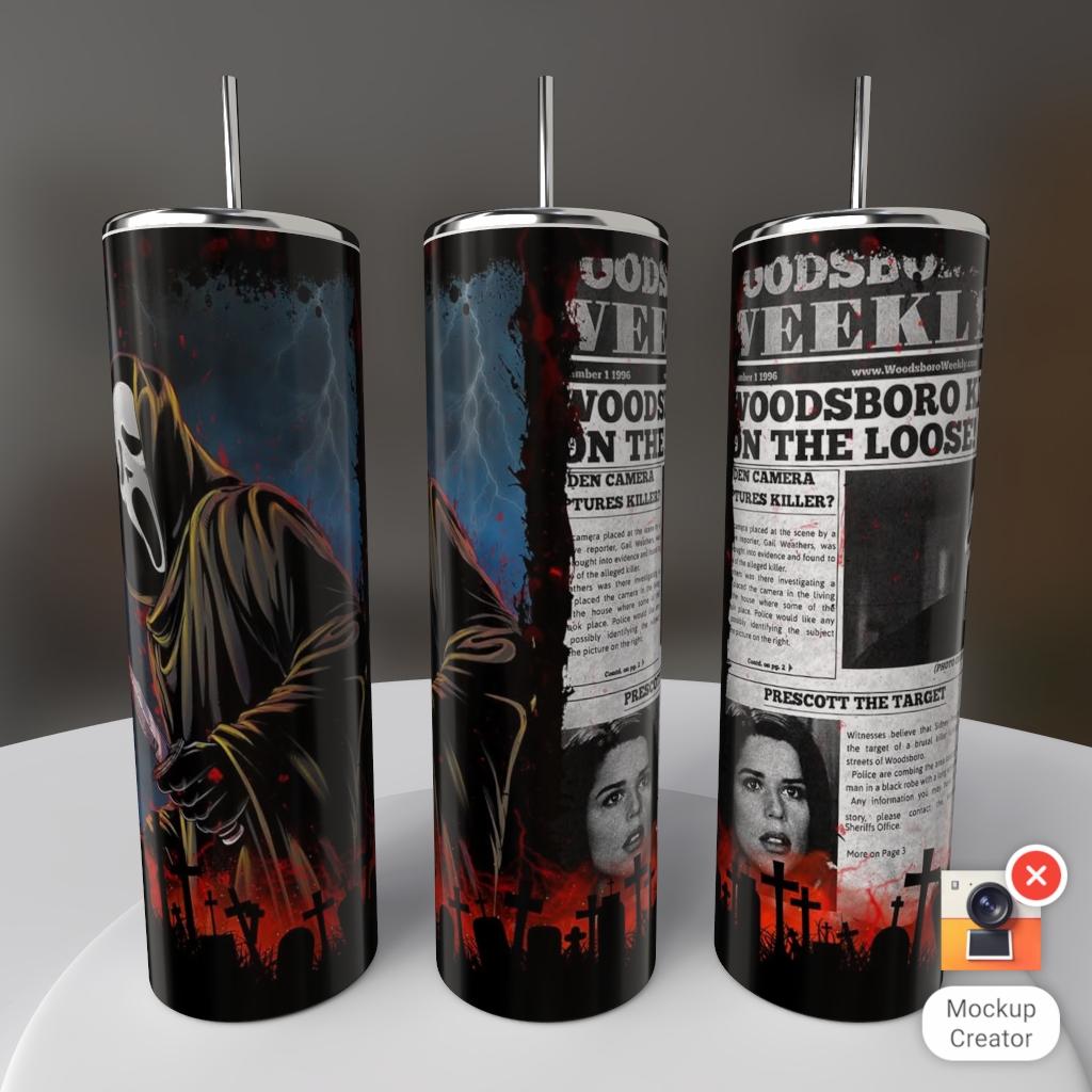 Ghostface Woodsboro Weekly Newspaper Scream horror 20oz skinny tumbler