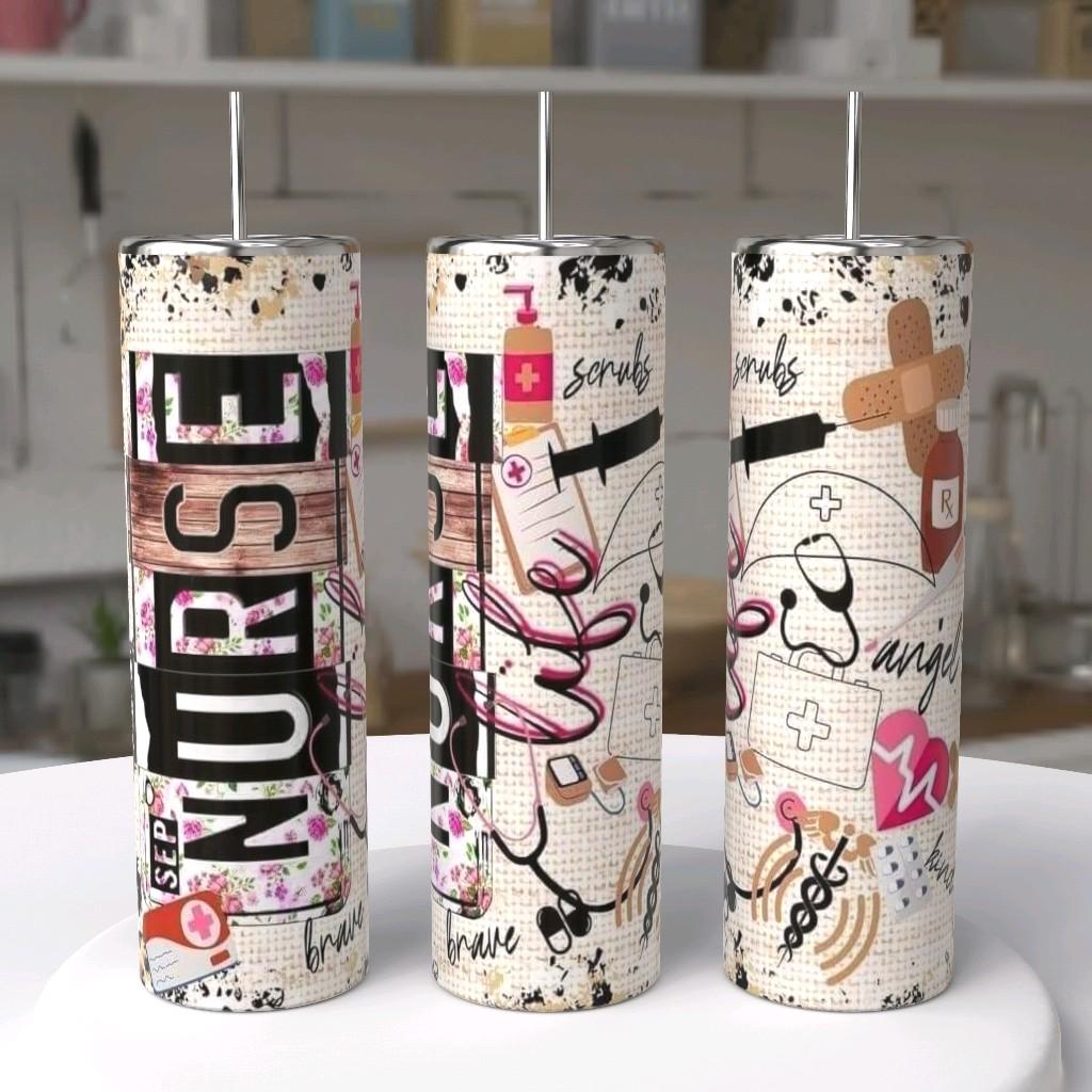 Nurse Brave Angel burlap floral stethoscope 20oz skinny tumbler