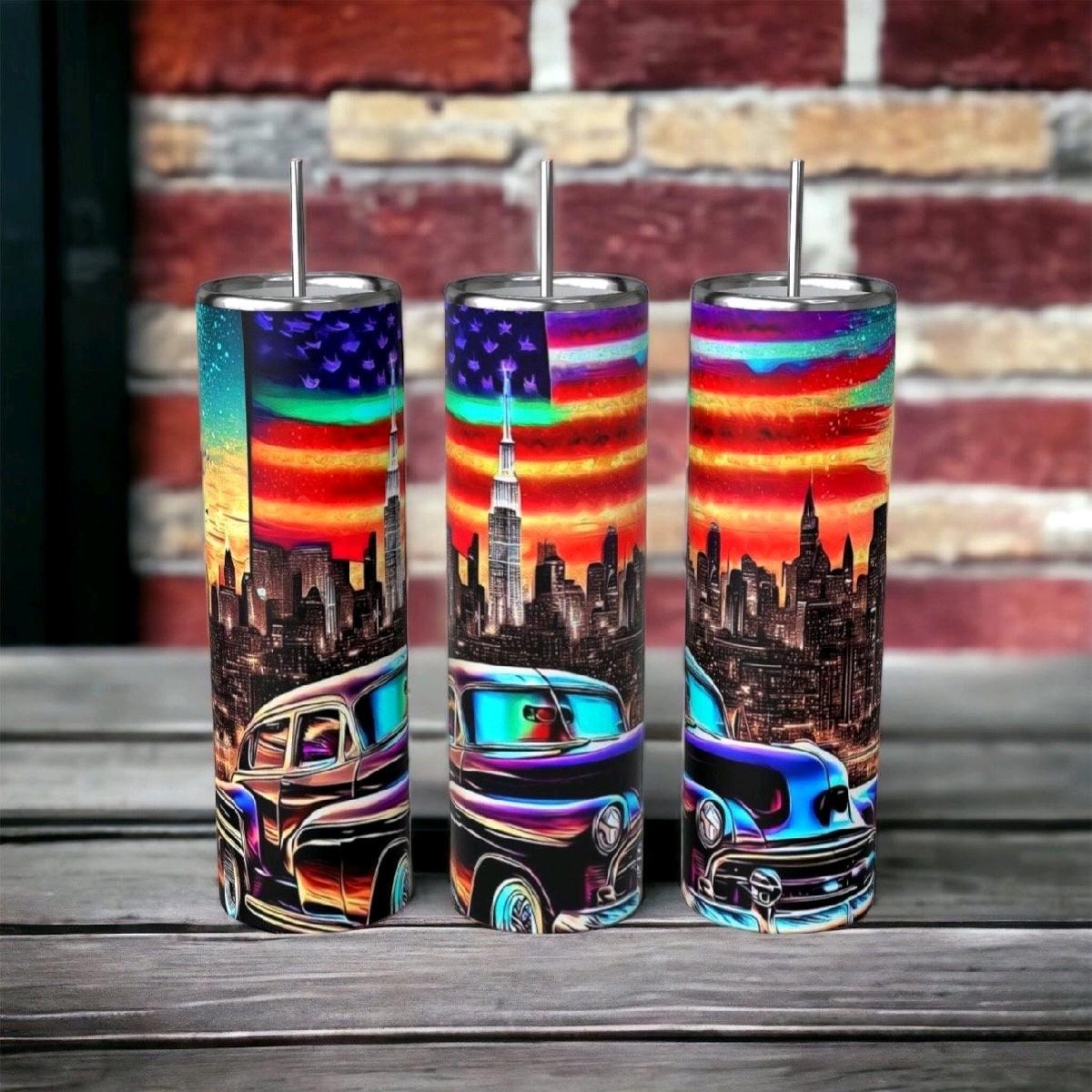 Classic Car City Skyline American Flag Neon 20oz Tumbler