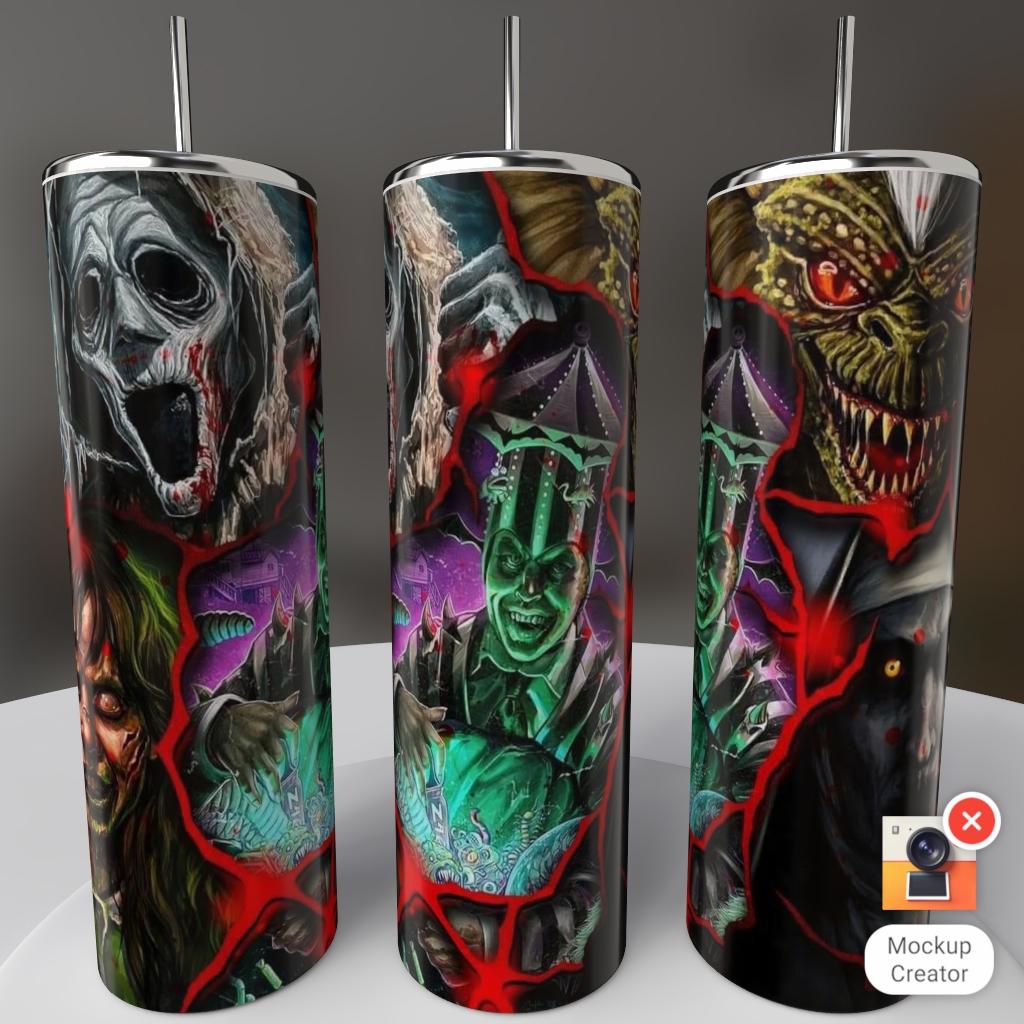 Dark Carnival Horror Ghostface green villain creature red lightning 20oz skinny tumbler