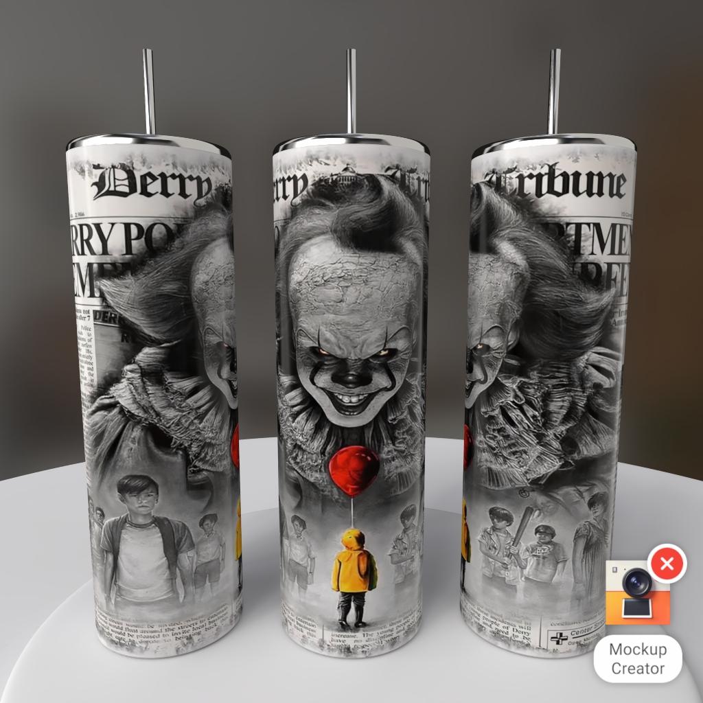 Pennywise Derry Tribune newspaper black white Losers Club 20oz skinny tumbler
