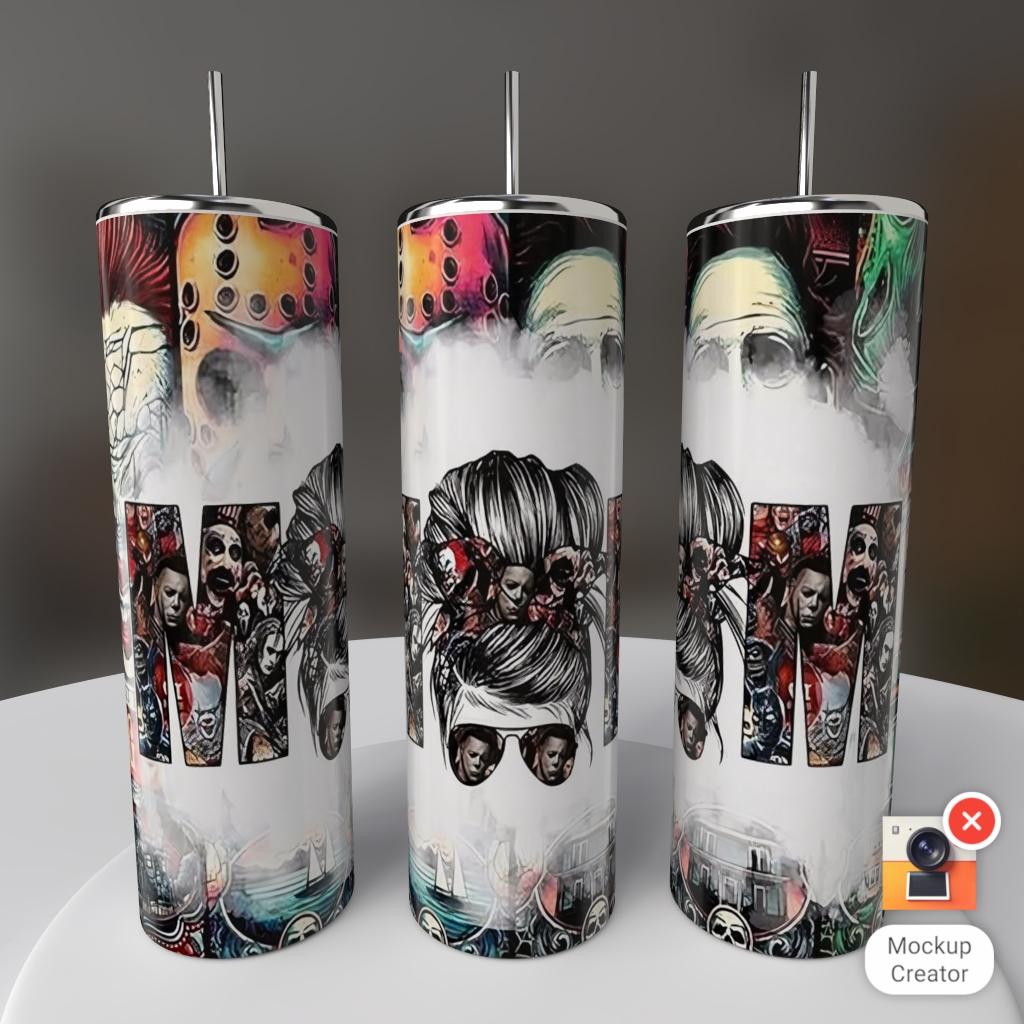 Horror Mom Messy Bun Michael Myers sunglasses MOM collage 20oz skinny tumbler
