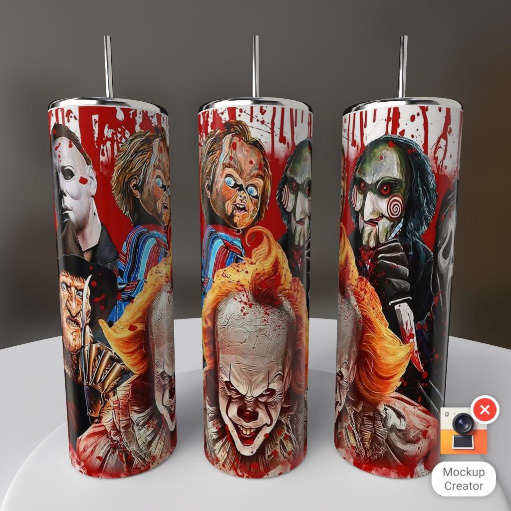 Horror Villains Blood Splatter Michael Myers Freddy Chucky Pennywise Jigsaw Ghostface 20oz tumbler