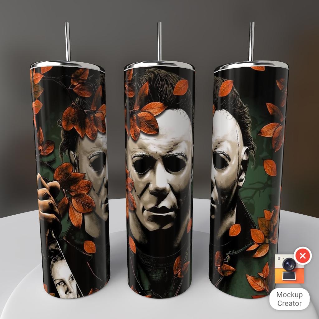 Michael Myers fall autumn orange leaves dark Halloween 20oz skinny tumbler
