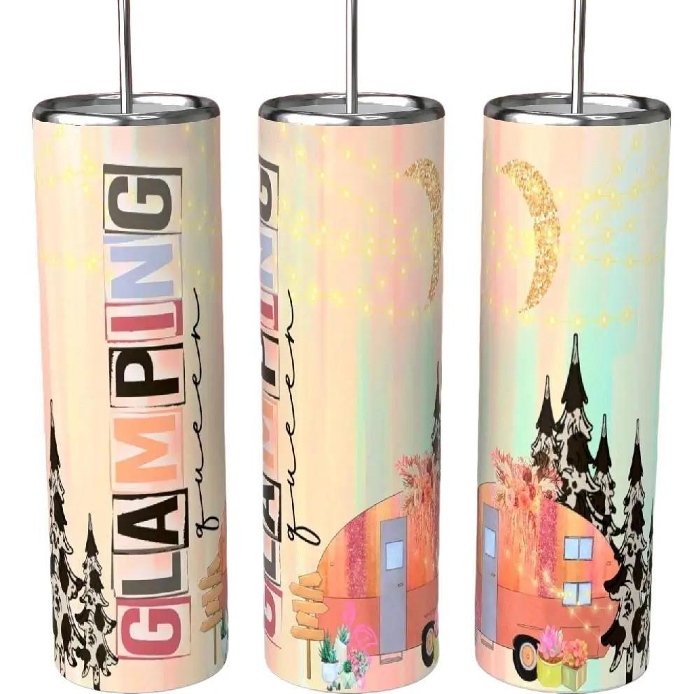 Glamping Queen pastel pink vintage camper gold moon 20oz skinny tumbler