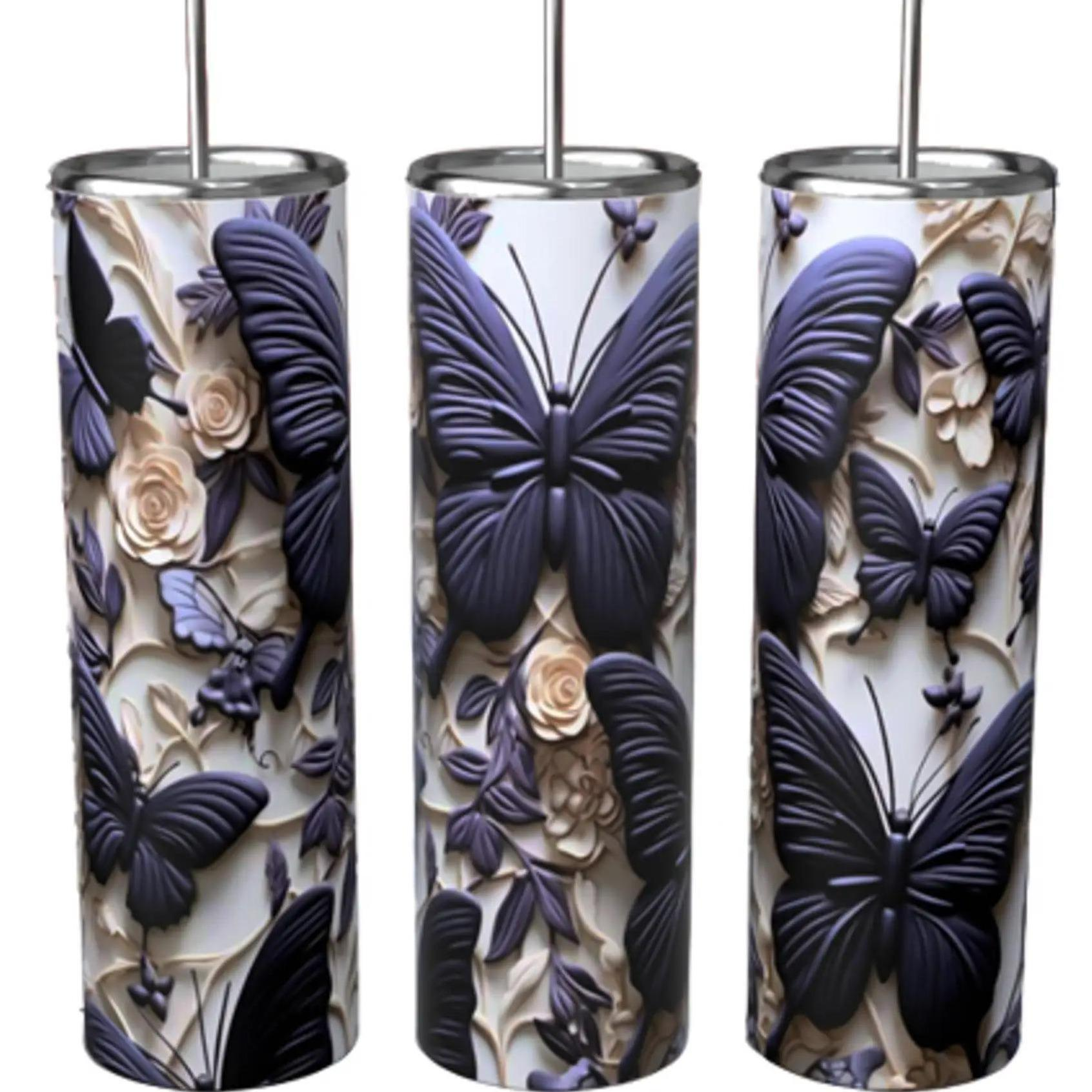 3D Dark Navy Butterfly Roses 20oz Tumbler