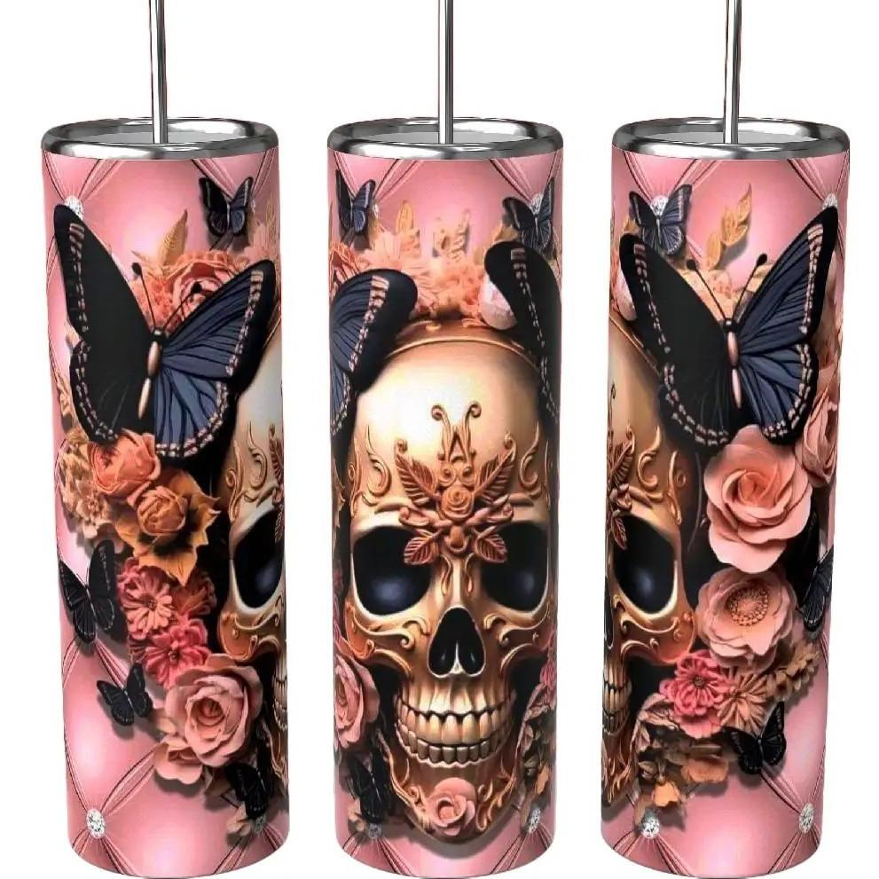 Gold Skull Pink Roses Black Butterfly 20oz Tumbler