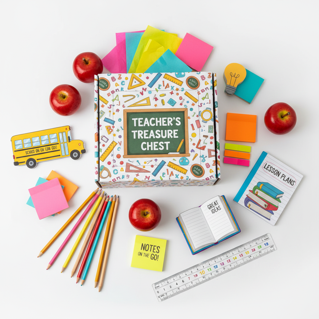 Teacher Mystery Box flat lay with colorful stationery, pencils and apple accents