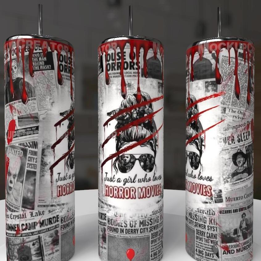 Just a Girl Who Loves Horror Movies messy bun 20oz skinny tumbler