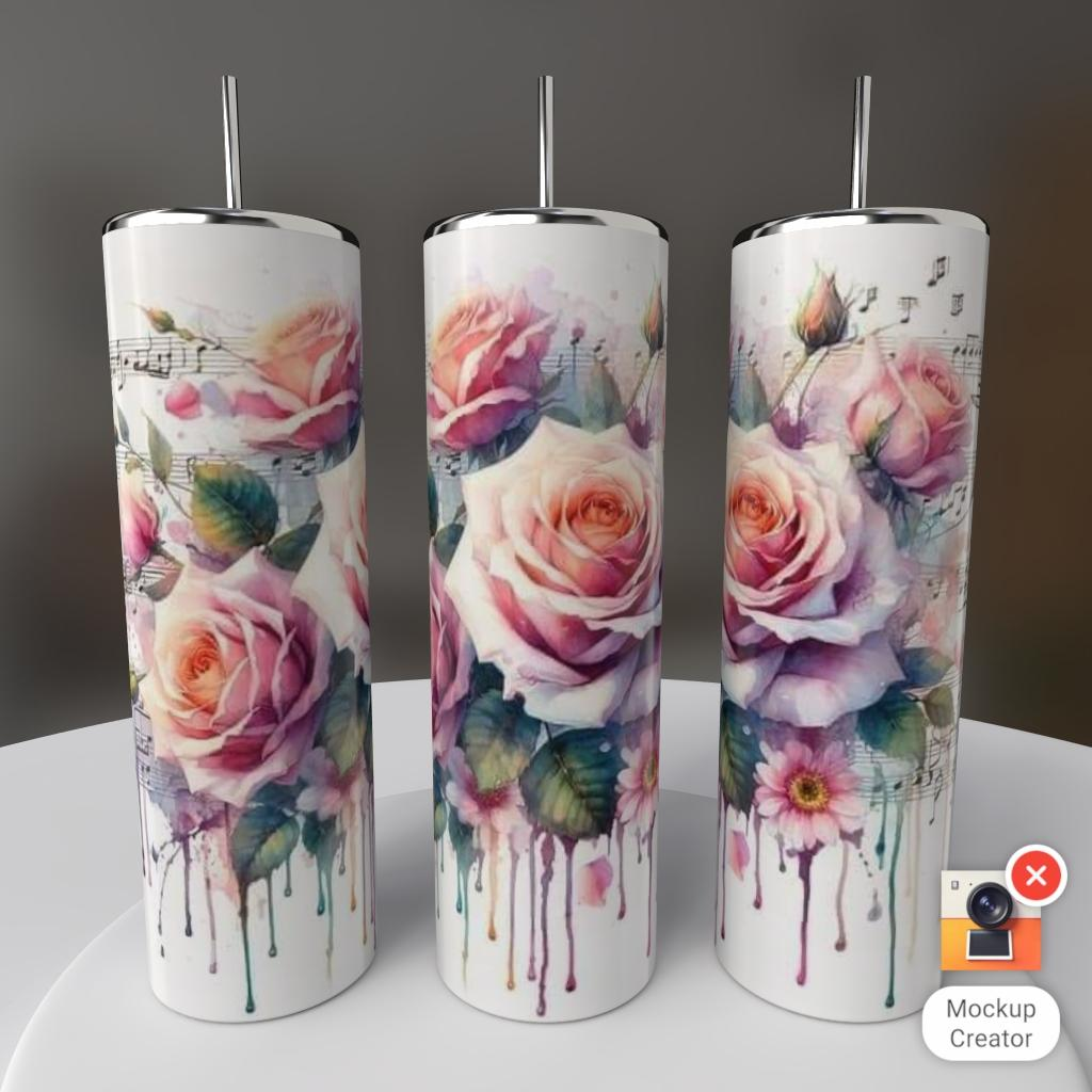 Watercolor Pink Roses & Music Notes 20oz Skinny Tumbler