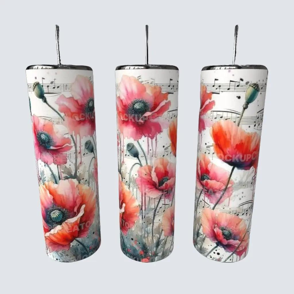 Watercolor Poppies & Music Notes 20oz Skinny Tumbler