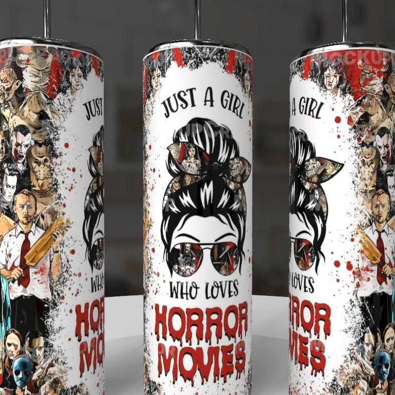Just a Girl Who Loves Horror Movies messy bun 20oz skinny tumbler with horror characters