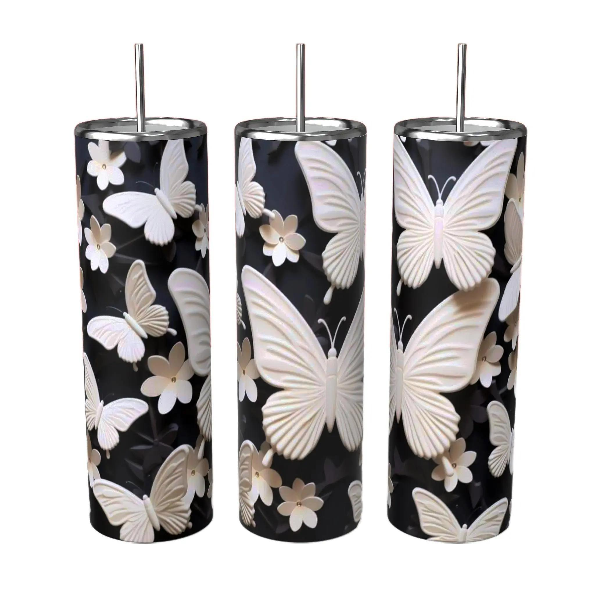 3D White Butterfly Black 20oz Tumbler