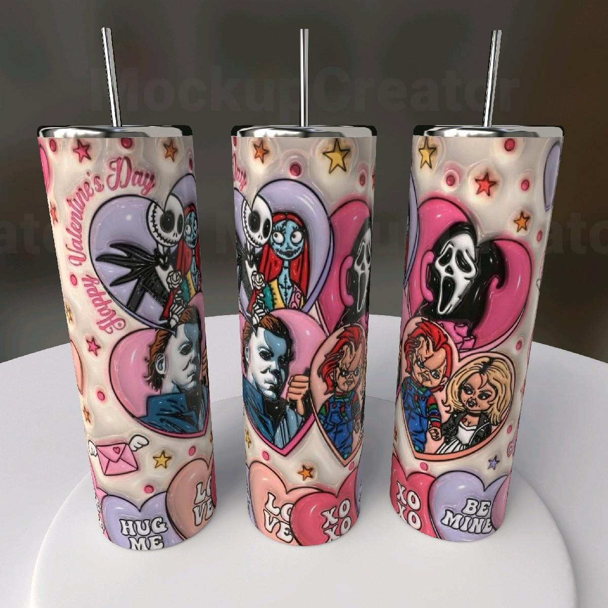 Horror Valentine's 20oz Skinny Tumbler - Jack Sally Michael Myers Chucky Ghostface