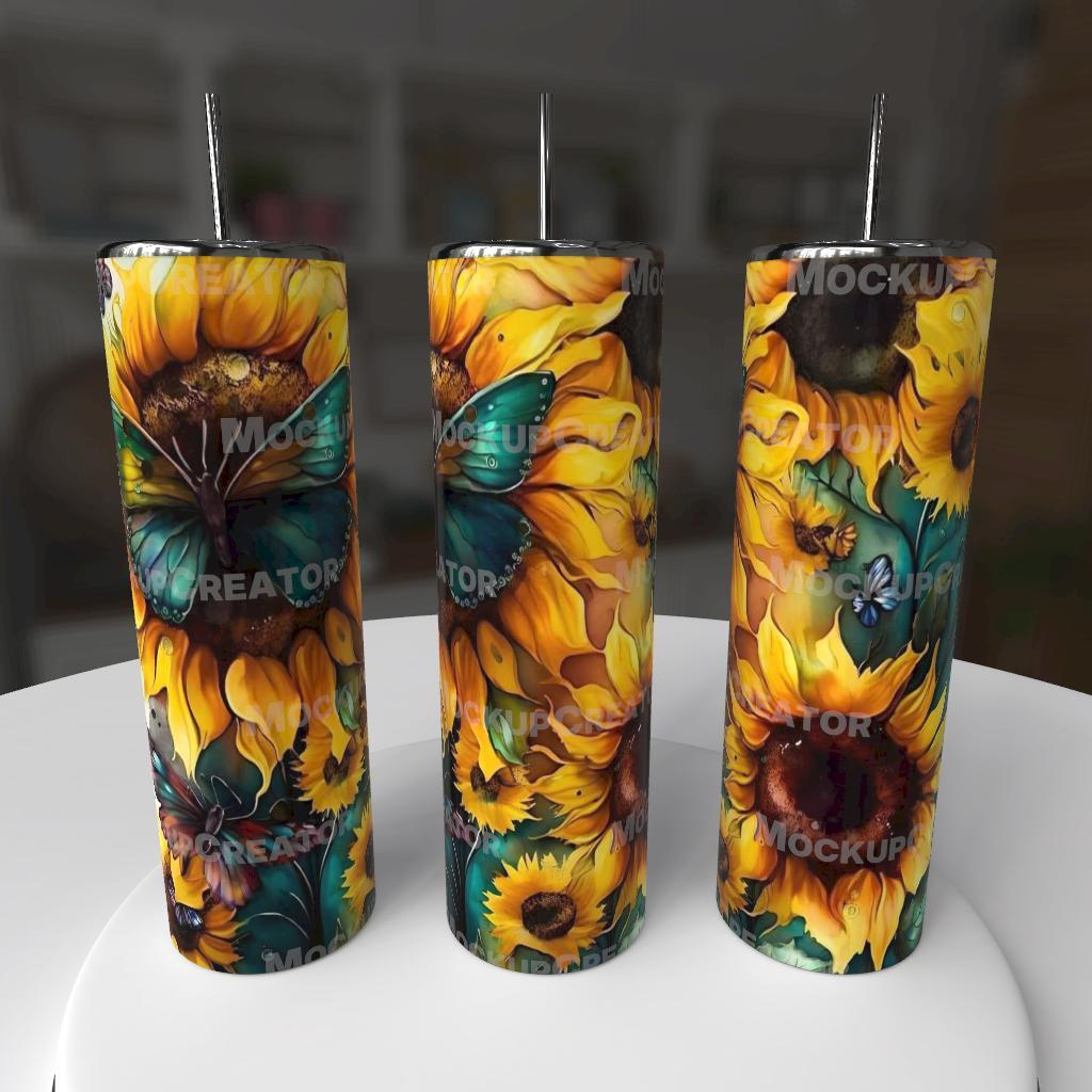 Sunflowers & Teal Butterflies 20oz Skinny Tumbler