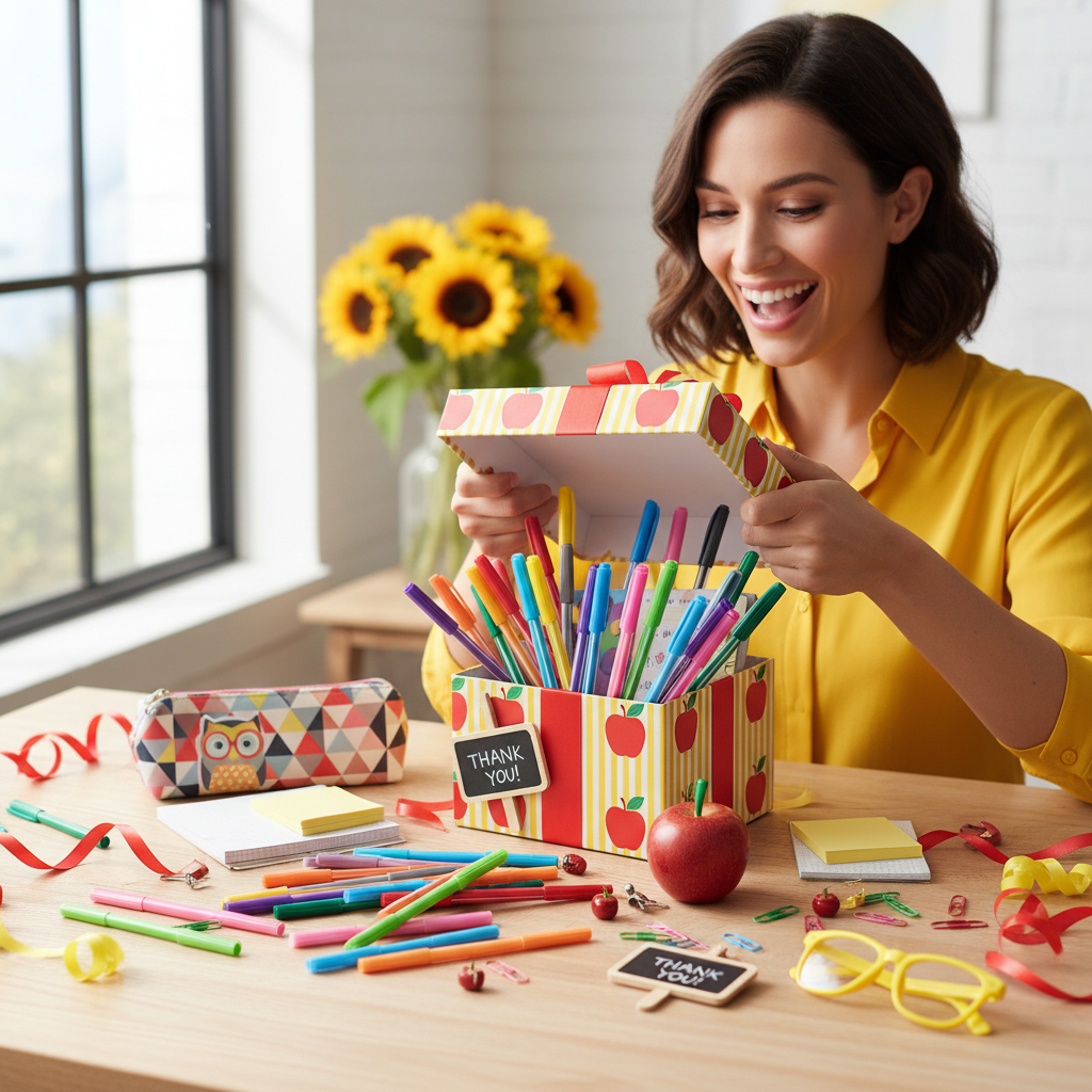 Teacher Mystery Box unboxing lifestyle photo with cheerful classroom items
