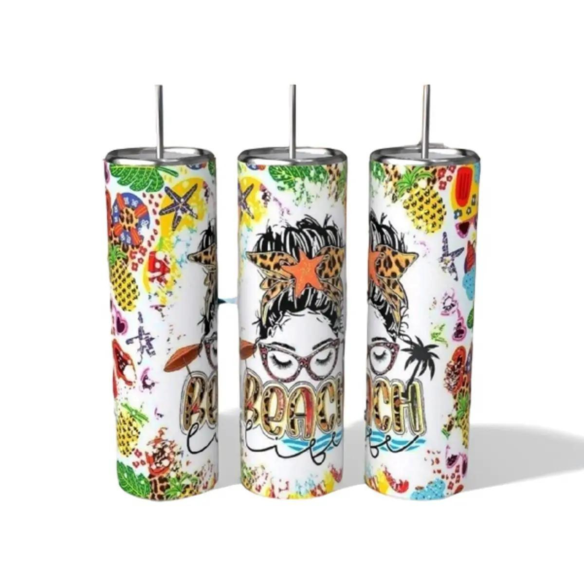 Beach messy bun leopard print tropical 20oz skinny tumbler