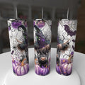 Witchy Highland Cow 20oz Stainless Steel Tumbler - Highland cow in purple witch hat with spider webs purple pumpkins and roses