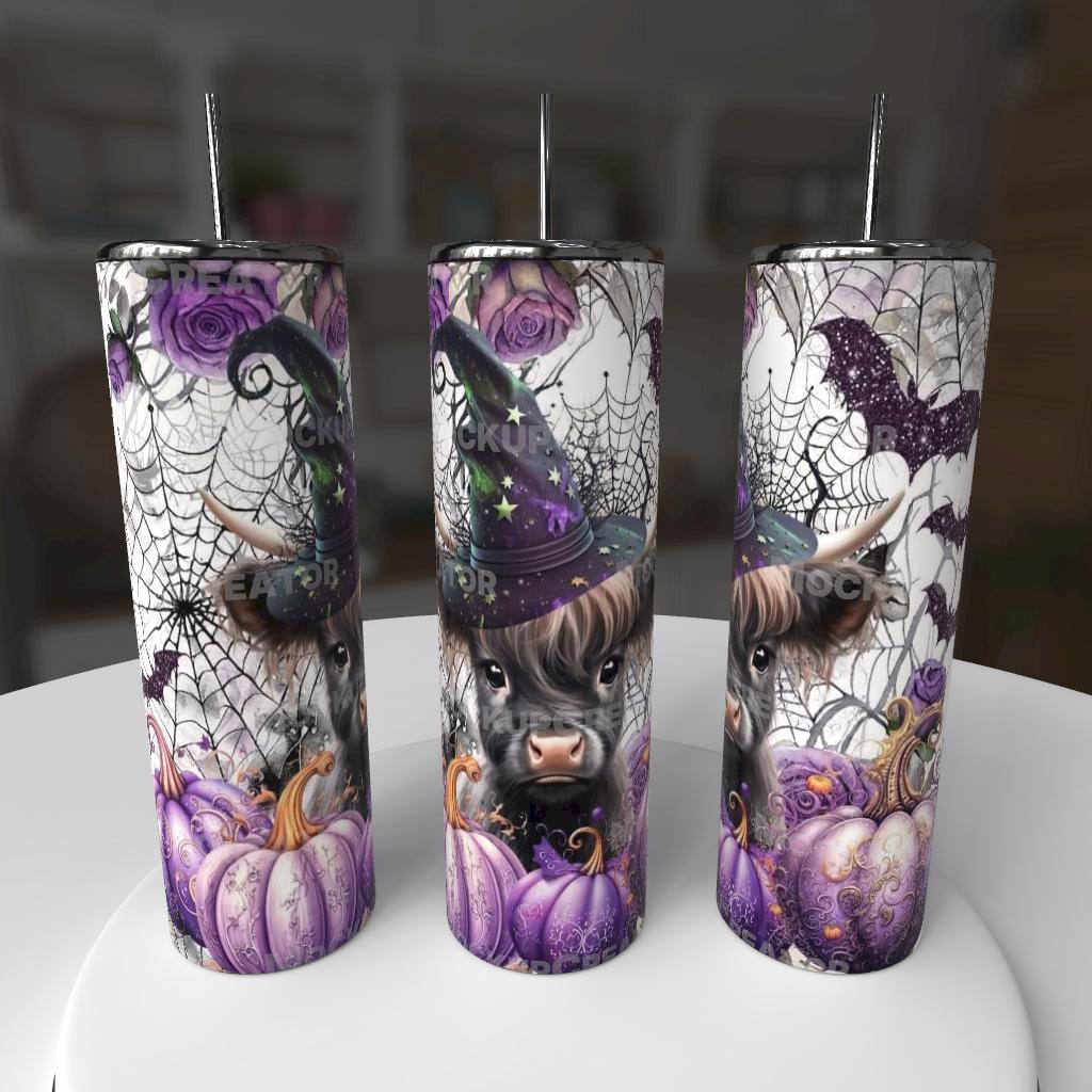 Witchy Highland Cow 20oz Stainless Steel Tumbler - Highland cow in purple witch hat with spider webs purple pumpkins and roses