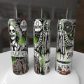 Beetlejuice It's Showtime 20oz Stainless Steel Tumbler - black white striped suit with green drip and haunted house design