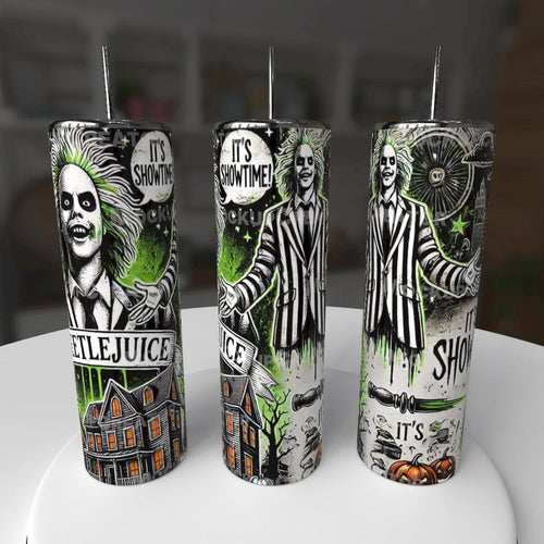 Beetlejuice It's Showtime 20oz Stainless Steel Tumbler - black white striped suit with green drip and haunted house design