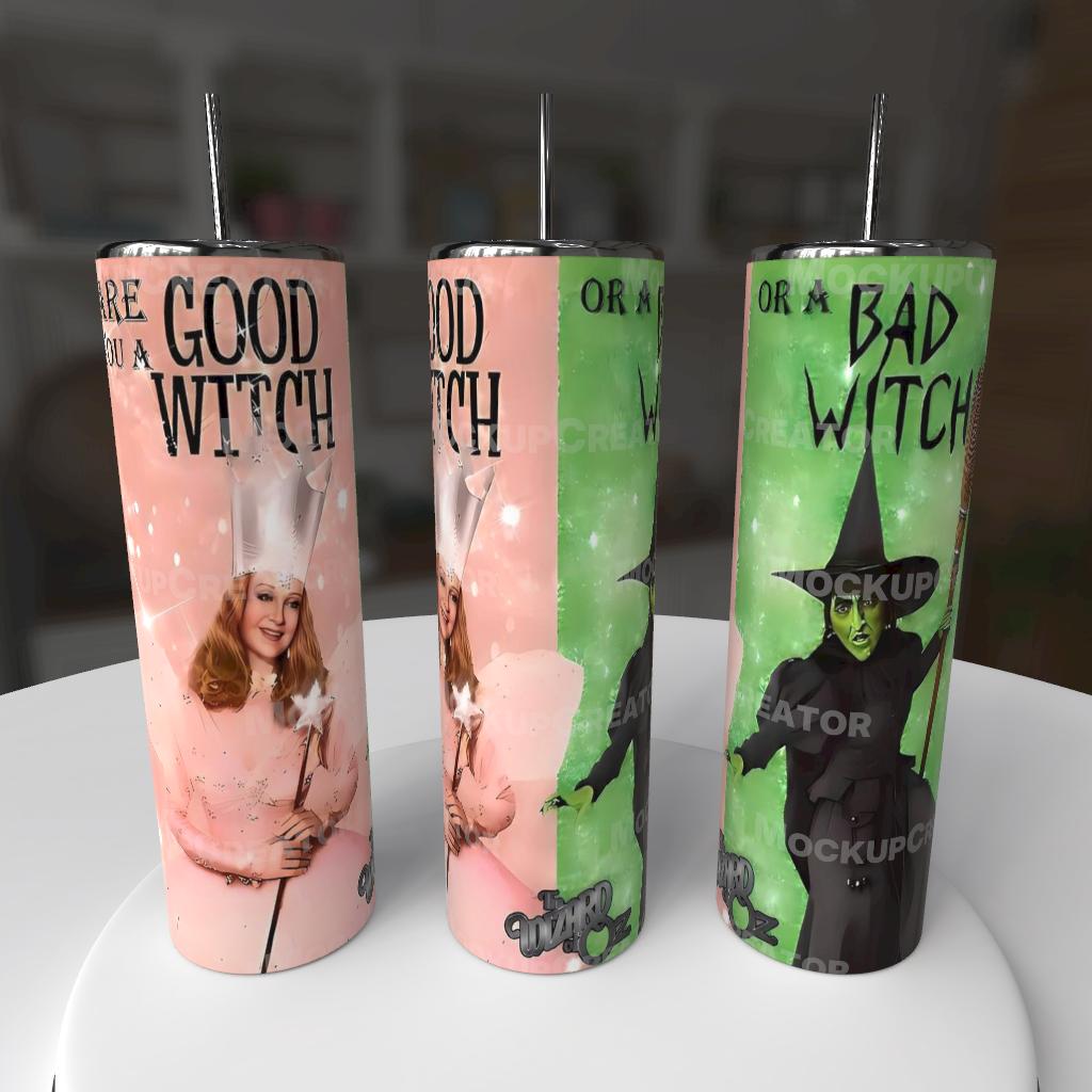 Are You a Good Witch or a Bad Witch 20oz Tumbler - Wizard of Oz Glinda and Wicked Witch design pink and green