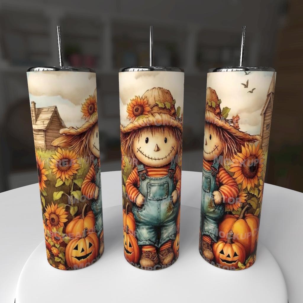 Fall Harvest Scarecrow 20oz Stainless Steel Tumbler - smiling scarecrow with sunflowers pumpkins and farmhouse watercolor design