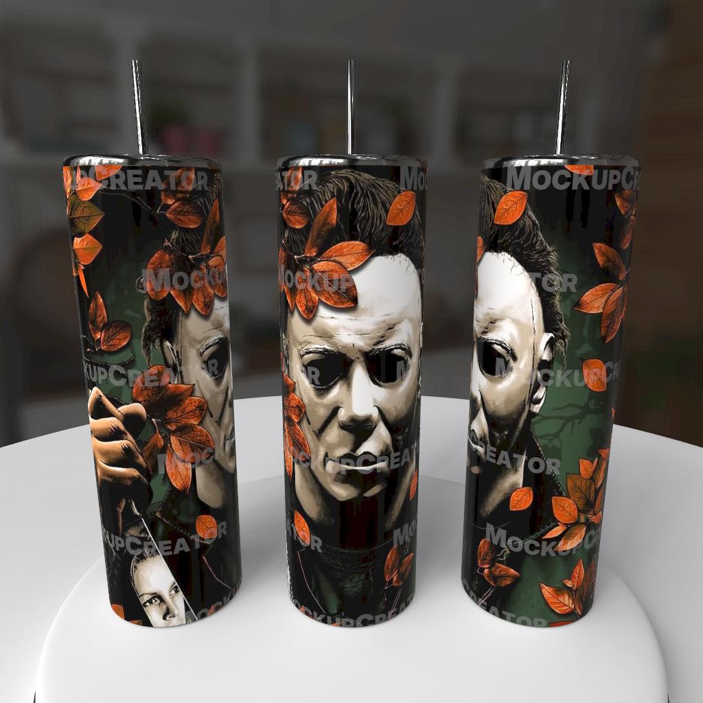 Michael Myers Halloween 20oz Stainless Steel Tumbler - iconic white mask with autumn leaves and dark background