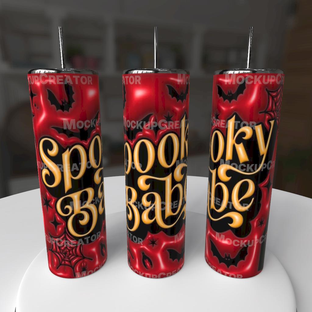 Spooky Babe 20oz Stainless Steel Tumbler - red black and gold bat design with Spooky Babe gold script