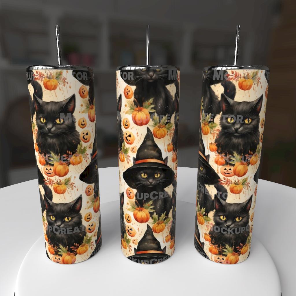 Halloween Black Cat and Pumpkins 20oz Stainless Steel Tumbler - watercolor black cats with witch hat and jack-o-lanterns